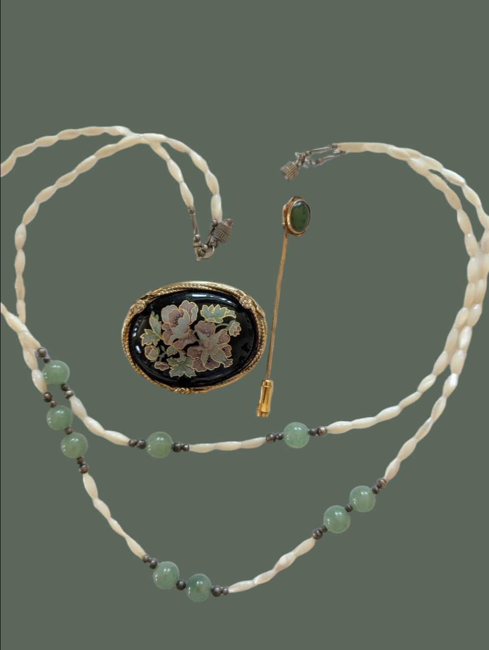 Vintage Jewelry(3) Green Bead MOP Necklace  Floral Brooch Green Bead Stick Pin